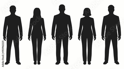 Silhouettes of diverse people standing together in a row.