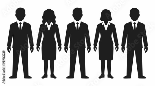 Group of business professionals in formal attire silhouetted against a white background.