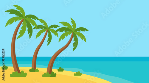 Tropical island with palm trees and sandy beach by the ocean.