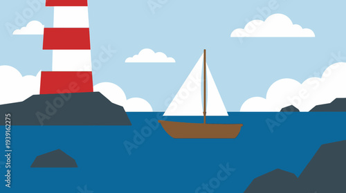 Sailboat sailing near a red and white striped lighthouse on a rocky coastline.