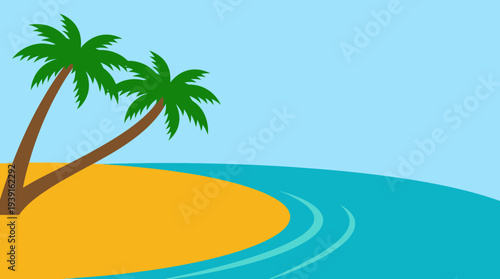 Tropical island with palm trees and sandy beach.