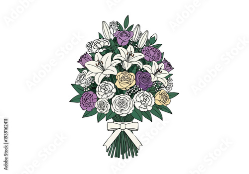 A beautiful bouquet of assorted flowers, including lilies and roses, tied with a ribbon, perfect for sympathy or special occasions