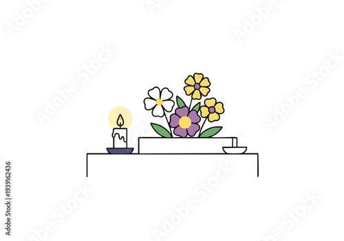A single lit candle stands beside a small offering of vibrant flowers placed on a stone altar, evoking a sense of peace and remembrance