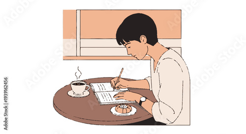 Man Writing in Notebook at Table.