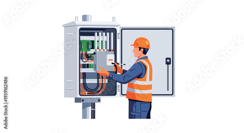 Electrician repairing electrical control panel vector