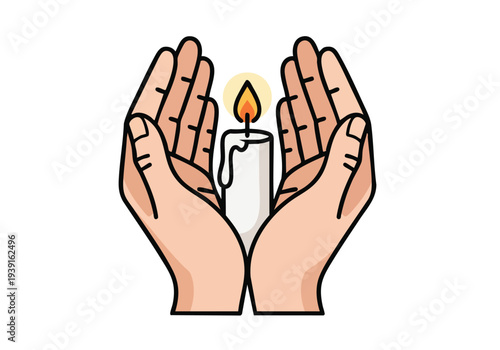 Hands cradling a lit candle, symbolizing remembrance, hope, and spiritual connection. This illustration conveys warmth and comfort through gentle illumination