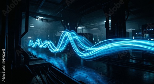 Glowing blue light trails wave through a dark industrial interior space at night