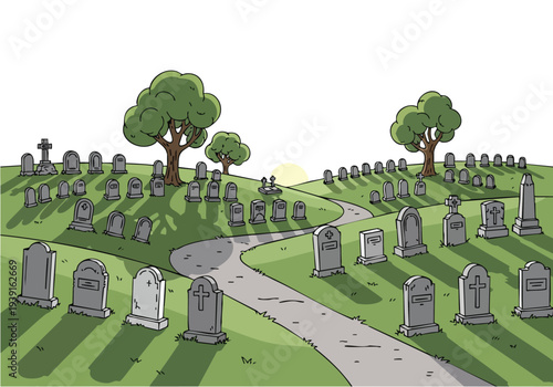 A serene path winds through a sun-dappled cemetery filled with gravestones and mature trees under a bright sky