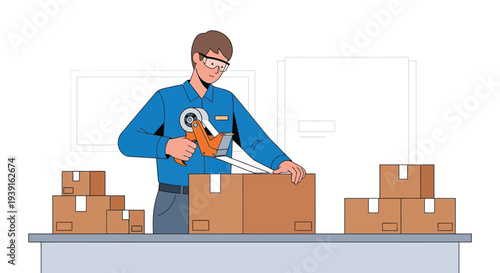 Warehouse worker packing cardboard boxes vector