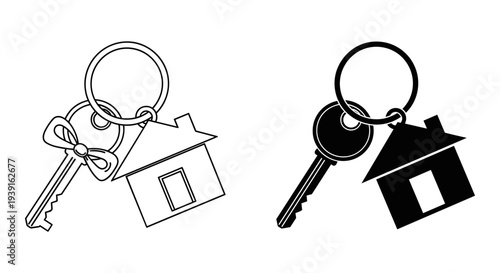House key with keychain home outline and solid vector icon set
