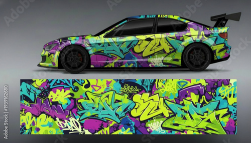 Side view of a sports car with a vibrant graffiti art vinyl wrap design, showcasing the full pattern below.