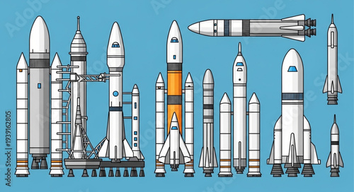 Collection of various rockets and spacecraft illustrations.