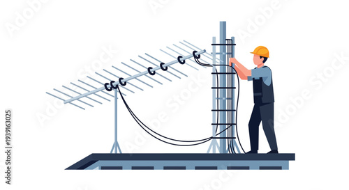 Technician installing rooftop antenna system vector