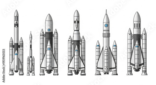 Collection of five different rocket ship designs side by side.
