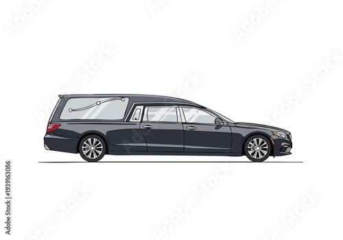 A sleek, dark grey hearse with a long, elongated body and tinted windows, parked on a plain white background, depicted in a side profile view