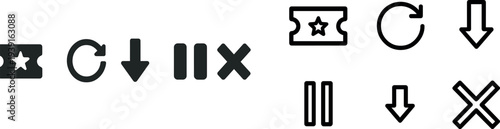 Four distinct black icons illustrate common user interface actions, including a star, refresh arrow, downward arrow, and pause symbol, designed for digital platforms.