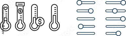 Four distinct thermometer icons depict various concepts: health, monetary value, fundraising efforts, and general metrics. These simple designs are suitable for use in graphs or educational materials.
