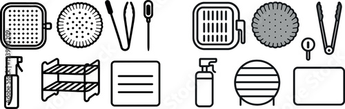 A collection of kitchen and craft tools including a strainer, baking sheet, tweezers, and a spray bottle designed in minimalist line art style for easy identification.