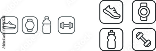 Various fitness items are arranged together, including running shoes, a smartwatch, a water bottle, and dumbbells, highlighting the importance of exercise and hydration.