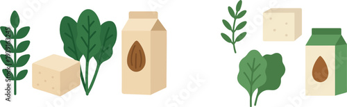 Fresh spinach leaves, a block of tofu, and a carton of almond milk are displayed together, highlighting nutritious plant-based options ideal for cooking or meal prep.