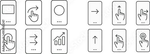Collection of minimalistic icons depicting common touch gestures on digital devices, including tapping, swiping, and scrolling, presented in a clean, modern format.