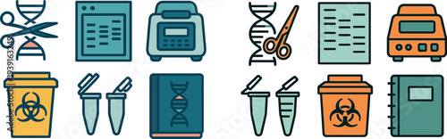 Display of various laboratory tools including DNA cutting scissors, a computer interface, and biohazard containers. These elements symbolize the world of genetic research.