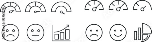 Simple illustrations depict performance gauges, a sad face, a neutral face, and a growth chart, ideal for use in reports and business presentations about engagement.