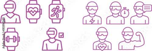 Custom icons showcase various smartwatch features including fitness tracking, heart rate monitoring, and virtual reality experiences designed to enhance user engagement and motivation.