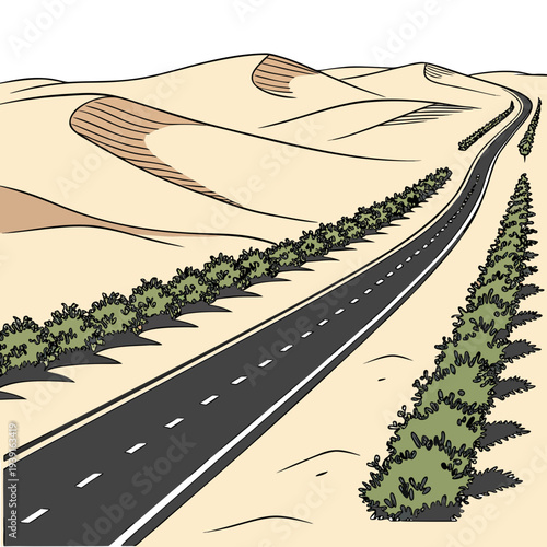 Desert highway with sand dunes and green trees road