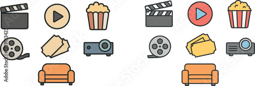 A cozy setup for a home movie night includes a couch, popcorn, film reel, projector, tickets, and a clapperboard. Perfect for enjoying films with friends or family.