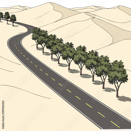 Desert highway with trees and sand dunes road
