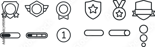 Various designs of achievement badges and progress indicators are shown, featuring a shield, wings, and circular elements on a simple background. These graphics are suitable for digital interfaces.