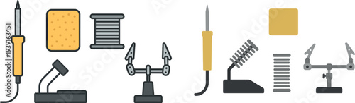 A collection of essential soldering tools including a soldering iron, sponge, wire spool, and helping hands holder, ideal for electronics enthusiasts in a workshop environment.