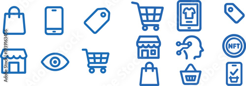 Visual representation of shopping elements featuring a bag, smartphone, price tag, storefront, eye icon, and shopping cart arranged in a simple layout. Suitable for online retail themes.
