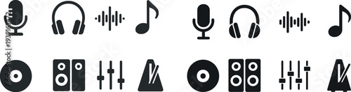Various symbols of music production and sound recording tools display a microphone, headphones, sound waves, and vinyl records. This collection highlights essential audio equipment.