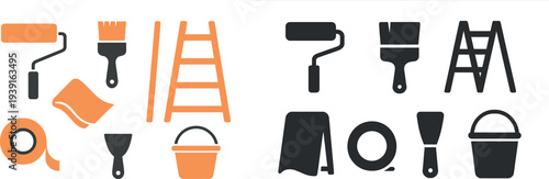 A collection of essential painting tools arranged neatly, featuring a paint roller, brushes, cloth, masking tape, ladder, and bucket in vibrant orange and gray tones.