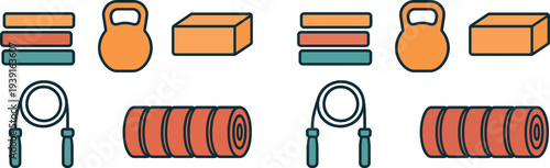 Colorful fitness gear including stacked weights, a kettlebell, a block, a jump rope, and a yoga mat is displayed neatly on a simple background, ideal for home workouts.