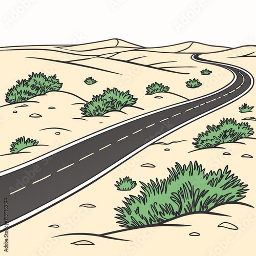 Desert highway with green shrubs and sandy dunes road