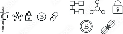 A collection of icons illustrating key concepts of blockchain, including network connections, security locks, cryptocurrency symbols, and links representing information integrity.