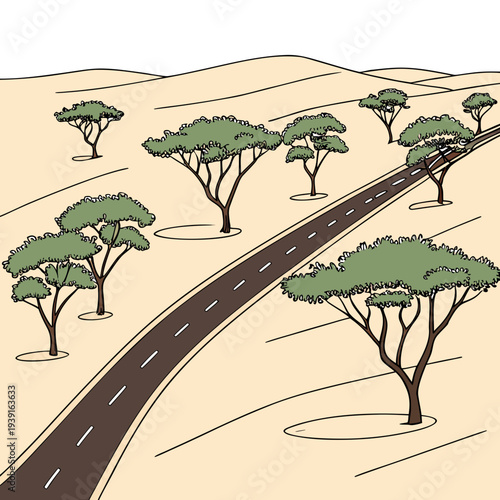 Desert highway with trees on sandy hills road 1