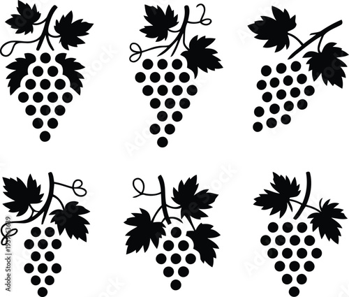 Grape cluster fresh food collection silhouette set vector illustration.