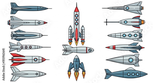 Collection of retro rocket ships and spacecraft illustrations.