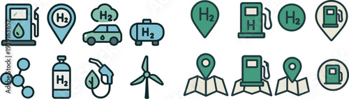 Various icons represent hydrogen energy, showcasing fuel stations, vehicles, tanks, and wind turbines. This collection highlights the future of clean transportation and renewable resources.