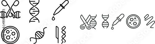 Various scientific symbols represent biotechnology tools and genetic research concepts in a laboratory. These icons include DNA strands, pipettes, and cell structures.