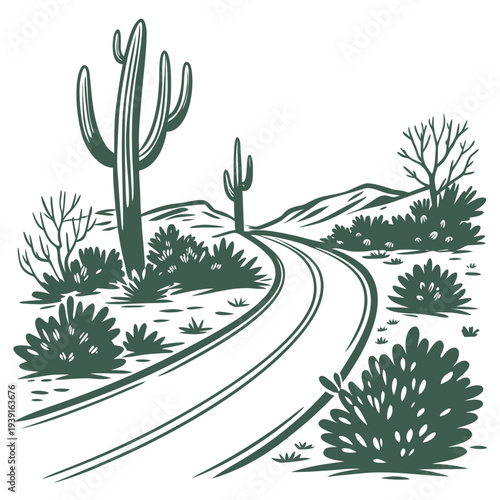 Desert road with cacti and shrubs cactus green