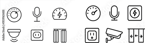 Simple line icons illustrate different audio and electrical devices. The icons include a volume dial, microphone, power meter, security camera, electrical outlet, and curtain.