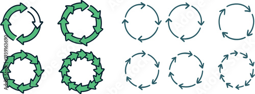 Four unique circular designs featuring green arrows symbolize recycling and sustainability. Each design varies in complexity, illustrating environmental awareness creatively.