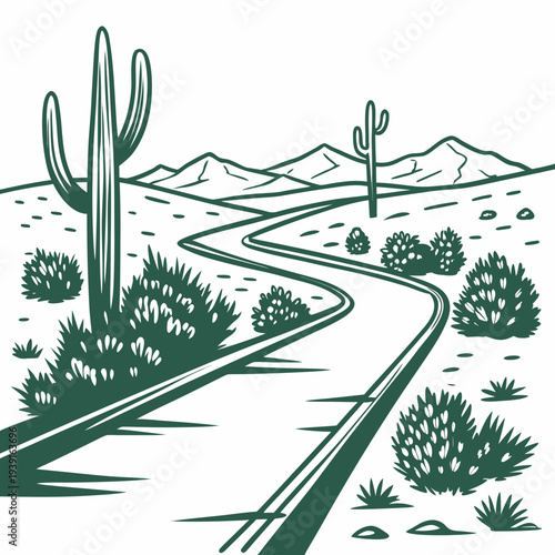 Desert road with cacti and shrubs cactus green 1