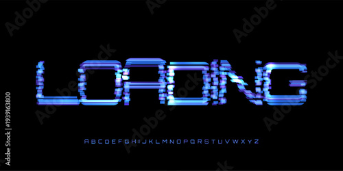 Loading Text Banner for Digital Conference, Techno Product Launch App, Digital Transformation Title. Futuristic Glitch Button Alphabet Logo Font. Video Game Abstract Typography. Vector Illustration