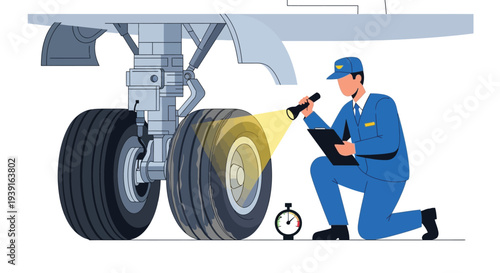 Aircraft technician inspecting airplane landing gear vector